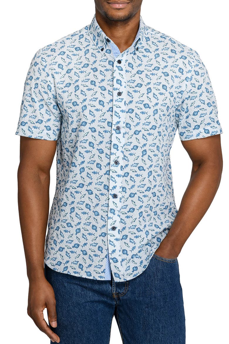 Fish Print Short Sleeve Seersucker Button-Up Shirt, Main, color, NAVY/ GREEN