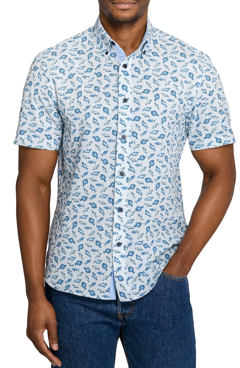 CONSTRUCT Fish Print Short Sleeve Seersucker Button-Up Shirt, Main, color, Navy/ Green