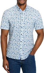 CONSTRUCT Fish Print Short Sleeve Seersucker Button-Up Shirt