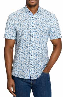 CONSTRUCT Fish Print Short Sleeve Seersucker Button-Up Shirt