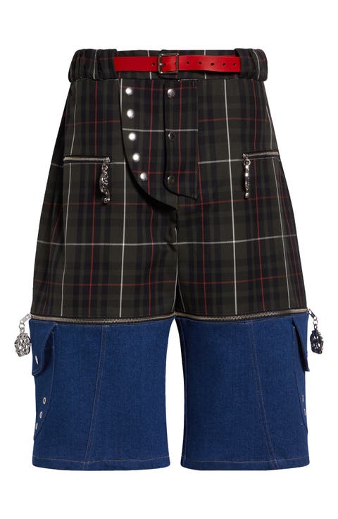 Tartan Extension Shorts with Detachable Denim Panels