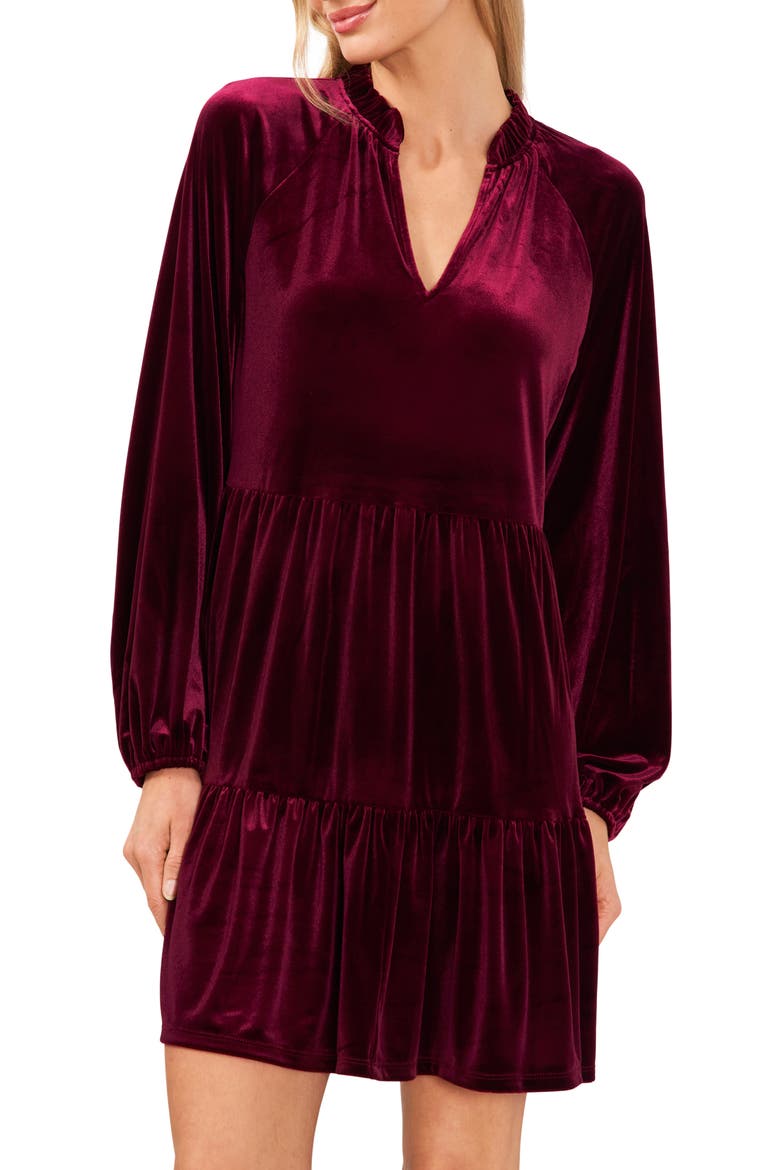 Split Neck Long Sleeve A-Line Dress, Alternate, color, MAJESTIC WINE