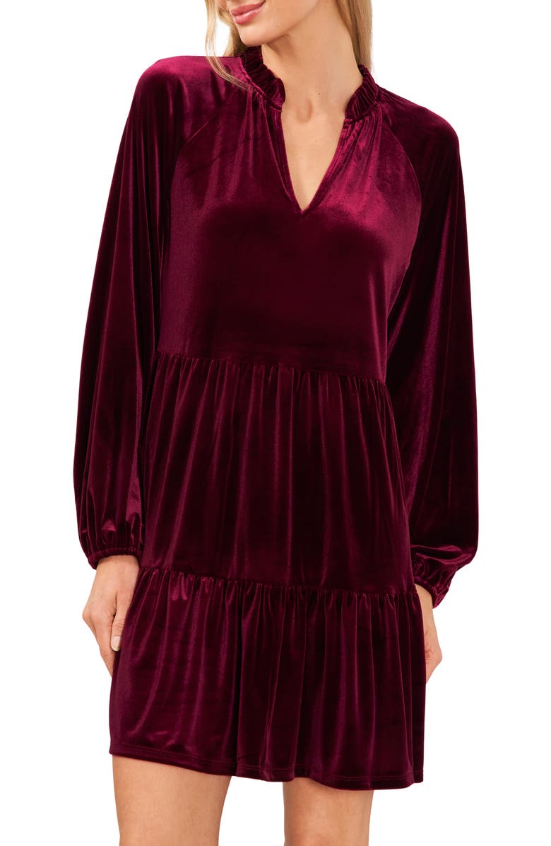 CeCe Split Neck Long Sleeve A-Line Dress, Alternate, color, Majestic Wine