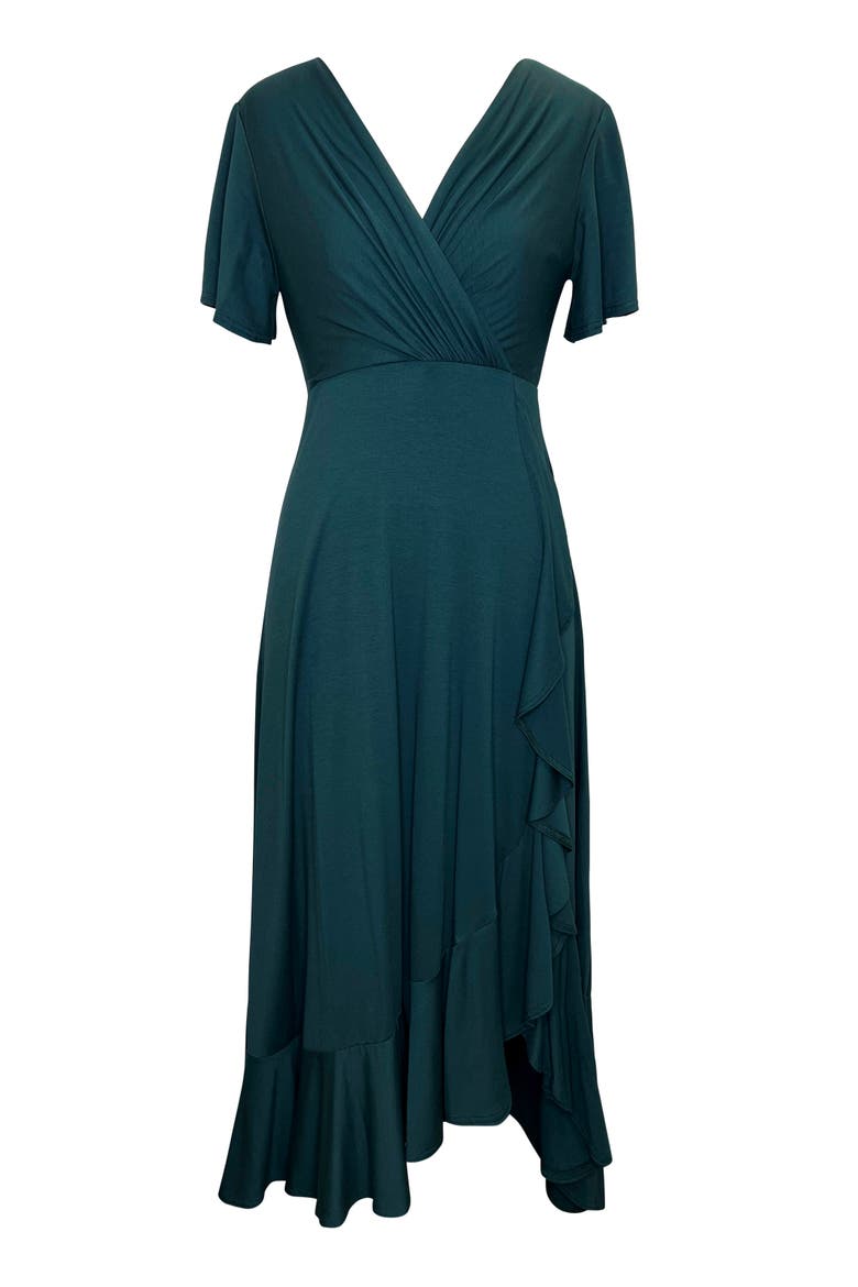 Waterfall Wrap Midi Dress Cascade Ruffle, Alternate, color, Pine Green