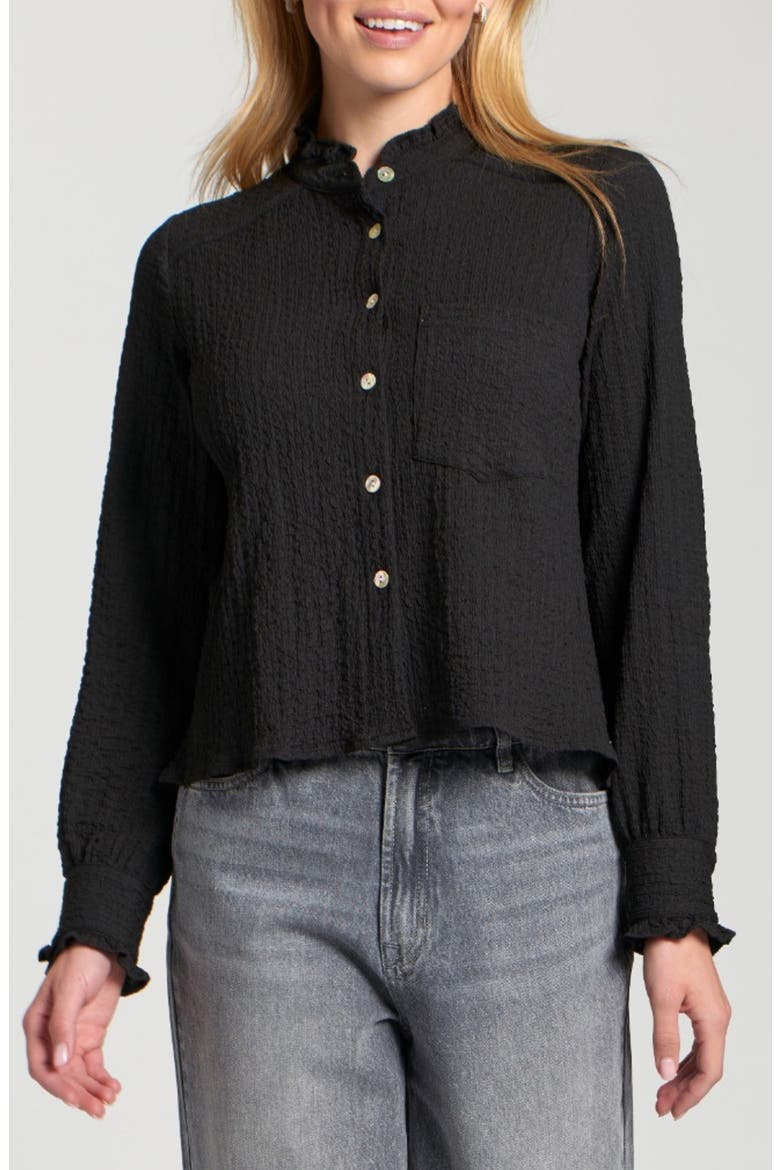 Ruffle Long Sleeve Crop Button-Up Shirt, Main, color, BLACK