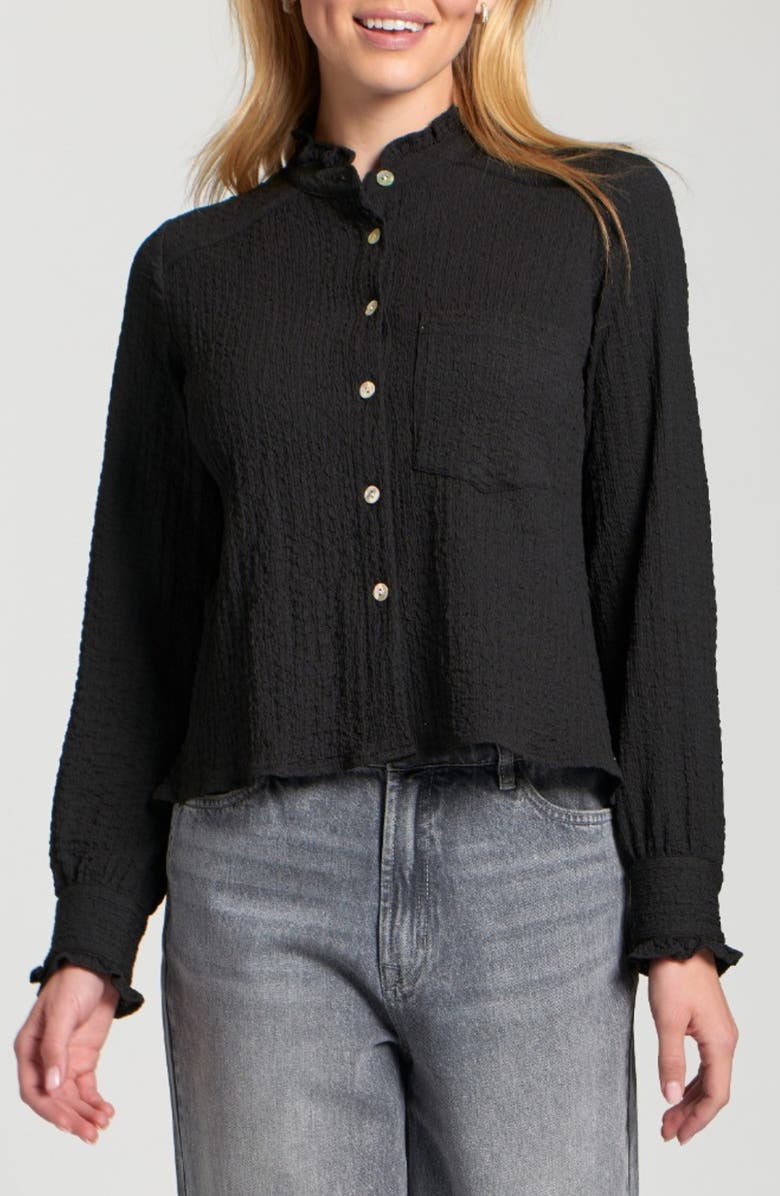 APNY Ruffle Long Sleeve Crop Button-Up Shirt, Main, color, Black