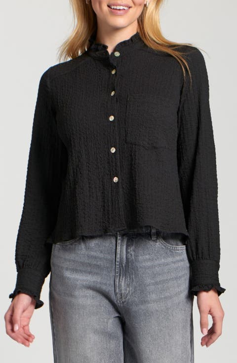 Ruffle Long Sleeve Crop Button-Up Shirt