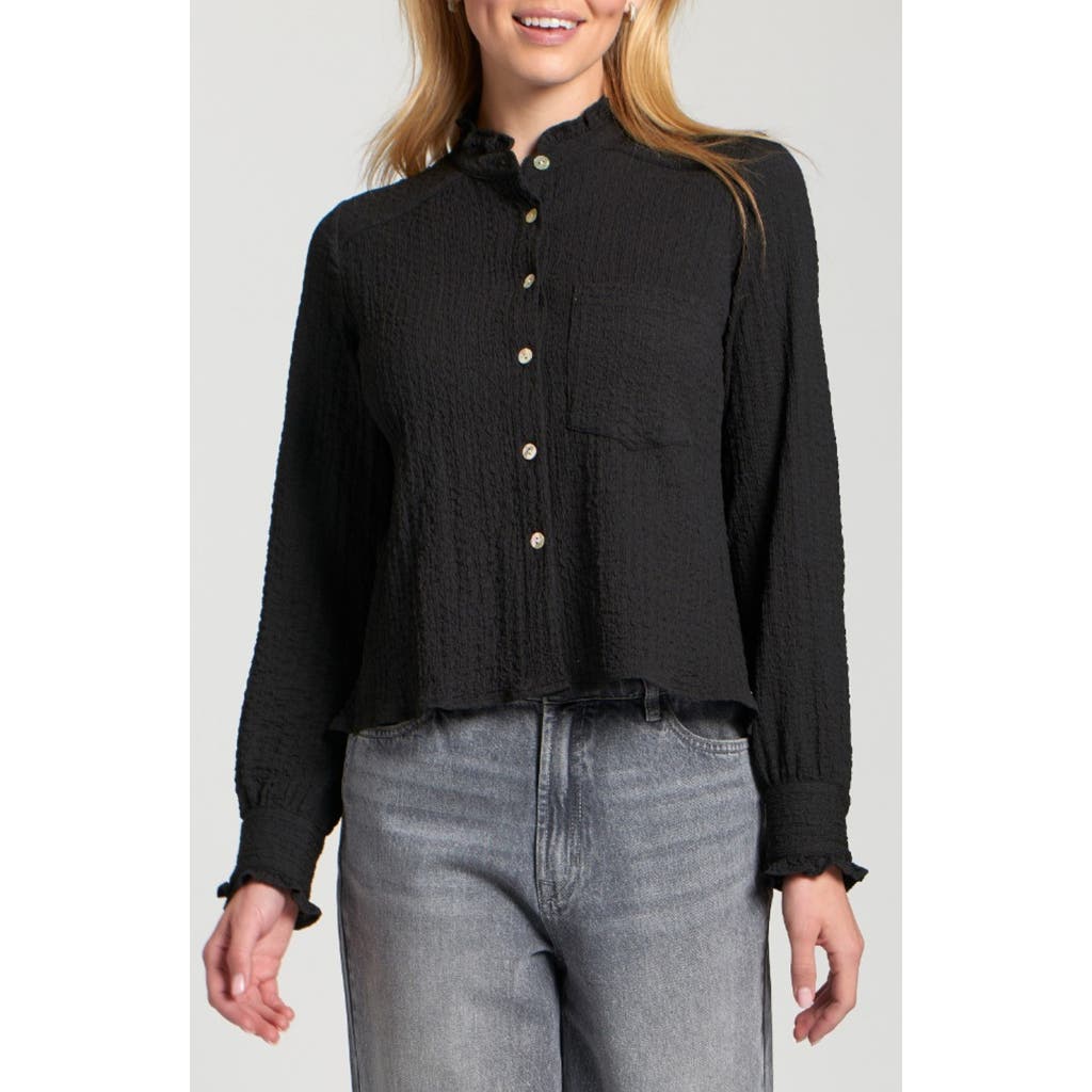 Apny Ruffle Long Sleeve Crop Button-up Shirt In Black