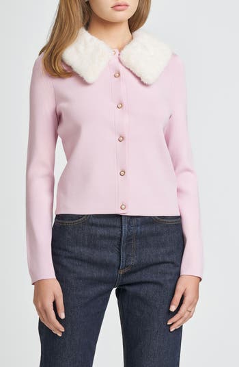 WAYF Rose Faux Fur Collar Cardigan, Main, color, Ice Pink