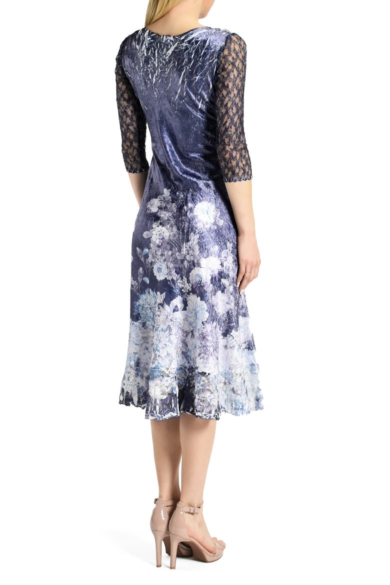 Floral Print Charmeuse & Lace Cocktail Midi Dress, Alternate, color, MIDNIGHT THISTLE