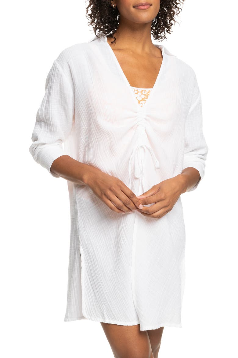 Sun & Limonade Ruched Long Sleeve Cotton Cover-Up Tunic, Main, color, BRIGHT WHITE