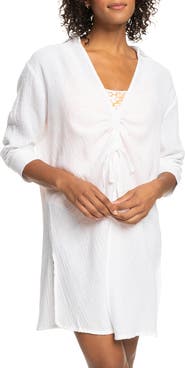 Roxy Sun & Limonade Ruched Long Sleeve Cotton Cover-Up Tunic