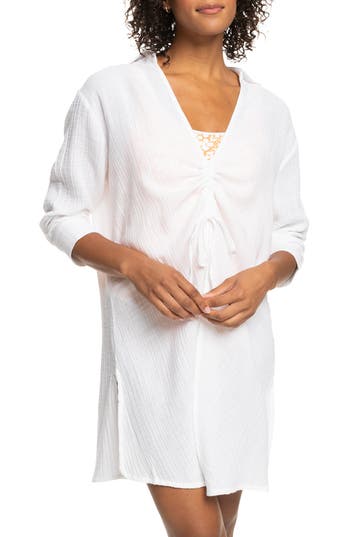 Roxy Sun & Limonade Ruched Long Sleeve Cotton Cover-up Tunic