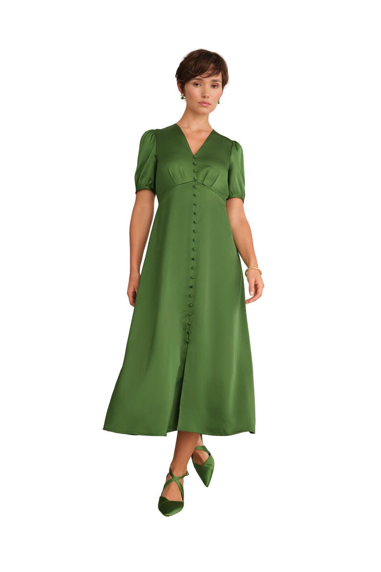 Button Front Puff Sleeve Midi Dress, Main, color, Bay Leaf Green