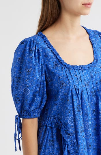 Meri Pleated Puff Sleeve Cotton Mini Sundress