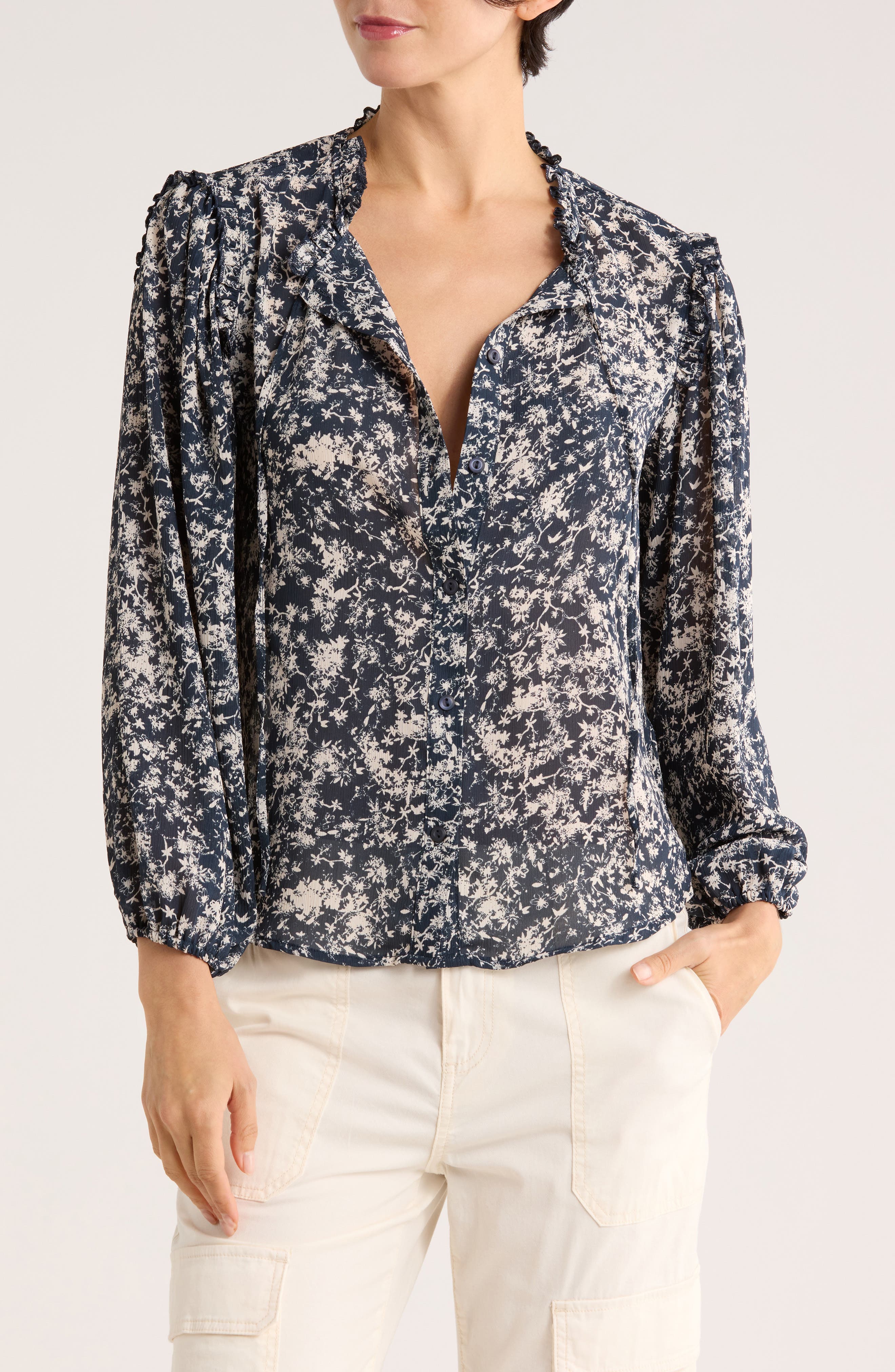 Adrianna Papell Ruffle Split Neck Long Sleeve Button-Up Shirt