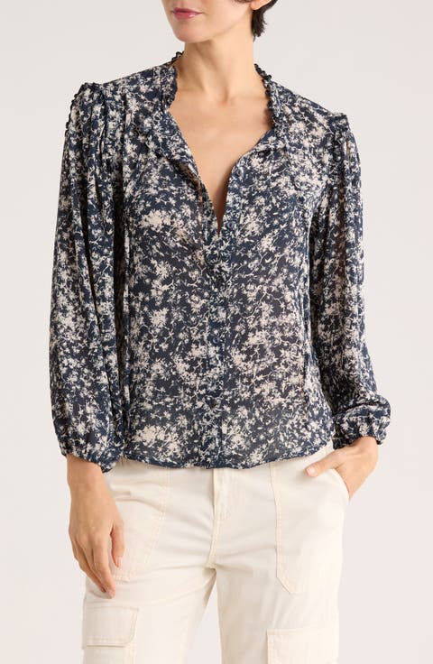 Ruffle Split Neck Long Sleeve Button-Up Shirt