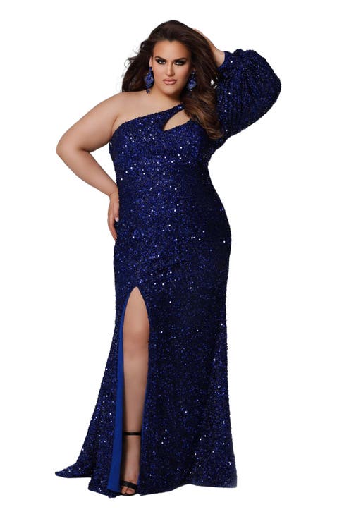 One-Shoulder Pouf Sleeve Sequin Plus Size Evening Gown