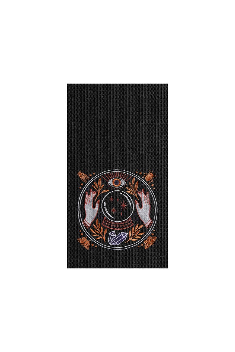 Magic Crystal Ball Halloween Embroidered Cotton Waffle Weave Kitchen Towel, Main, color, Black