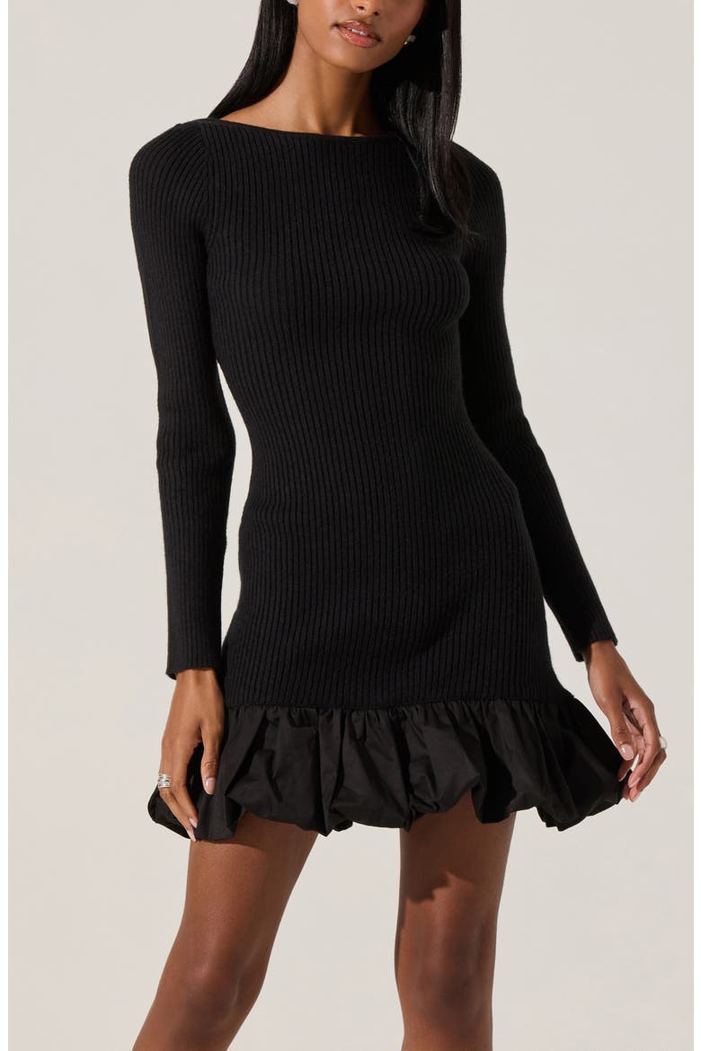 Carlene Long Sleeve Mixed Media Bubble Hem Minidress, Alternate, color, BLACK