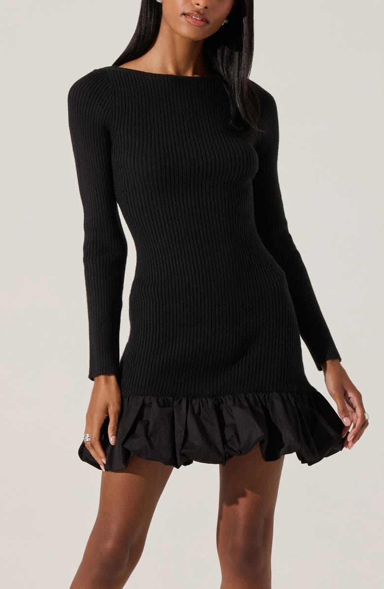 ASTR the Label Carlene Long Sleeve Mixed Media Bubble Hem Minidress, Alternate, color, Black