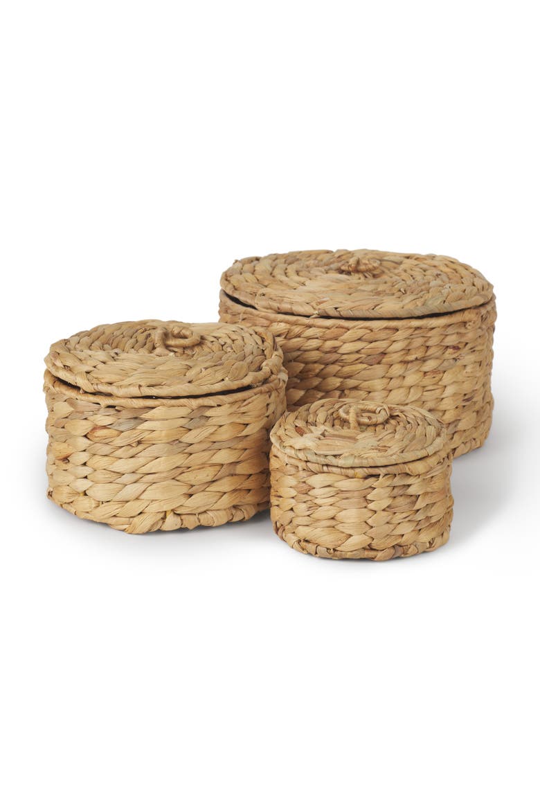 Kea Set of 3 Nesting Water Hyacinth Boxes with Lids, Main, color, Brown