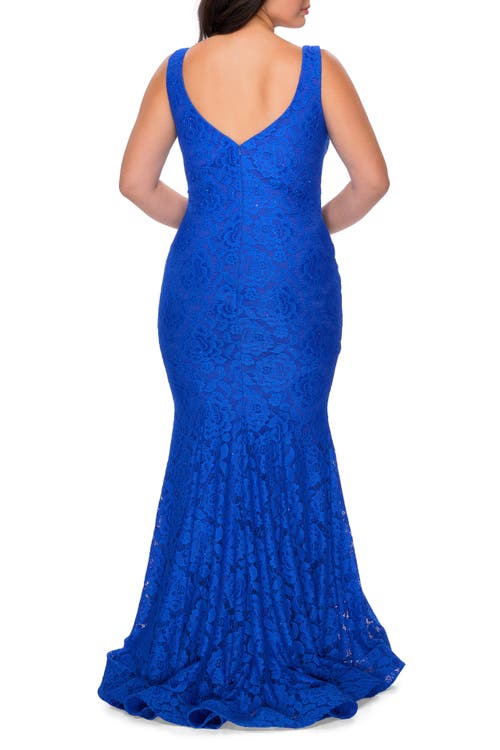 La Femme Stretch Lace Plus Size Gown With Beading In Royal Blue