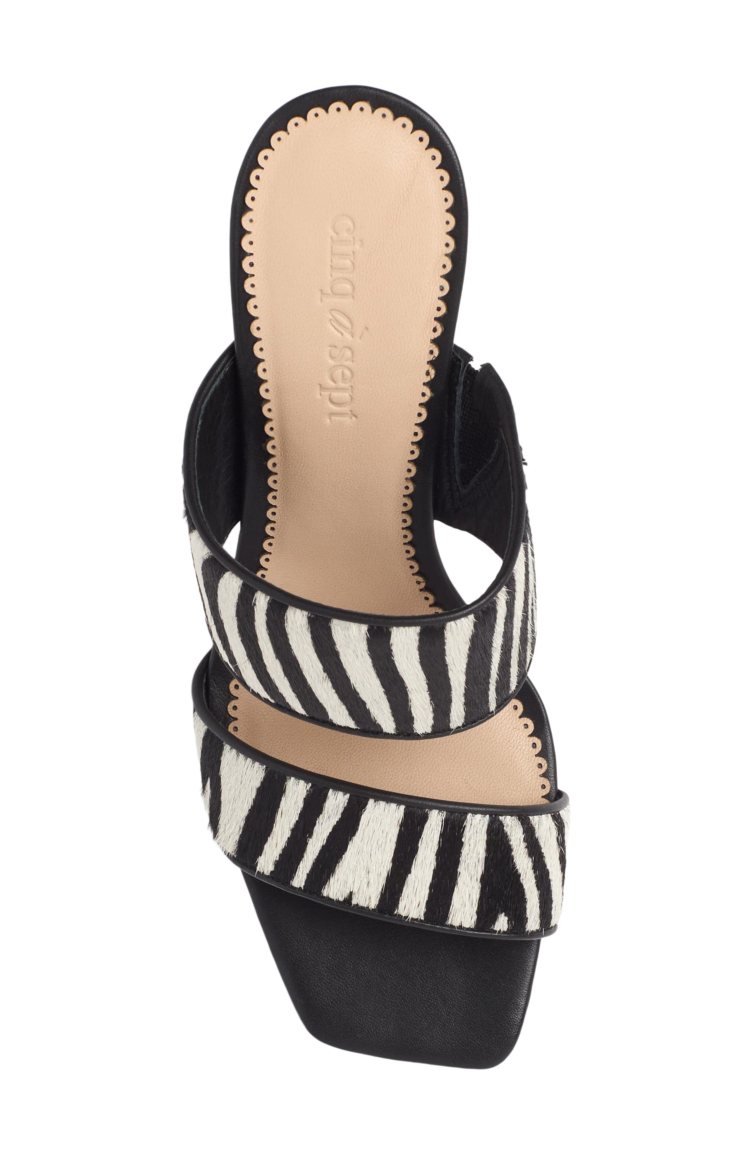 Cinq à Sept Sutton Zebra Haircalf Slide Sandal, Alternate, color, Black/ Ivory