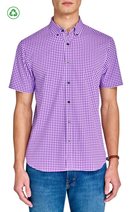 Slim Fit Mini Check Recycled 4-Way Stretch Performance Short Sleeve Shirt