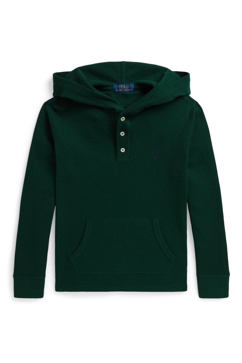 Kids' Waffle Knit Cotton Hooded Henley, Main, color, MOSS AGATE