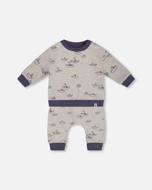 Deux Par Deux Baby Boy's Printed Organic Cotton Top And Pant Set Little Paper Boats In Heather Grey Little Paper Boat
