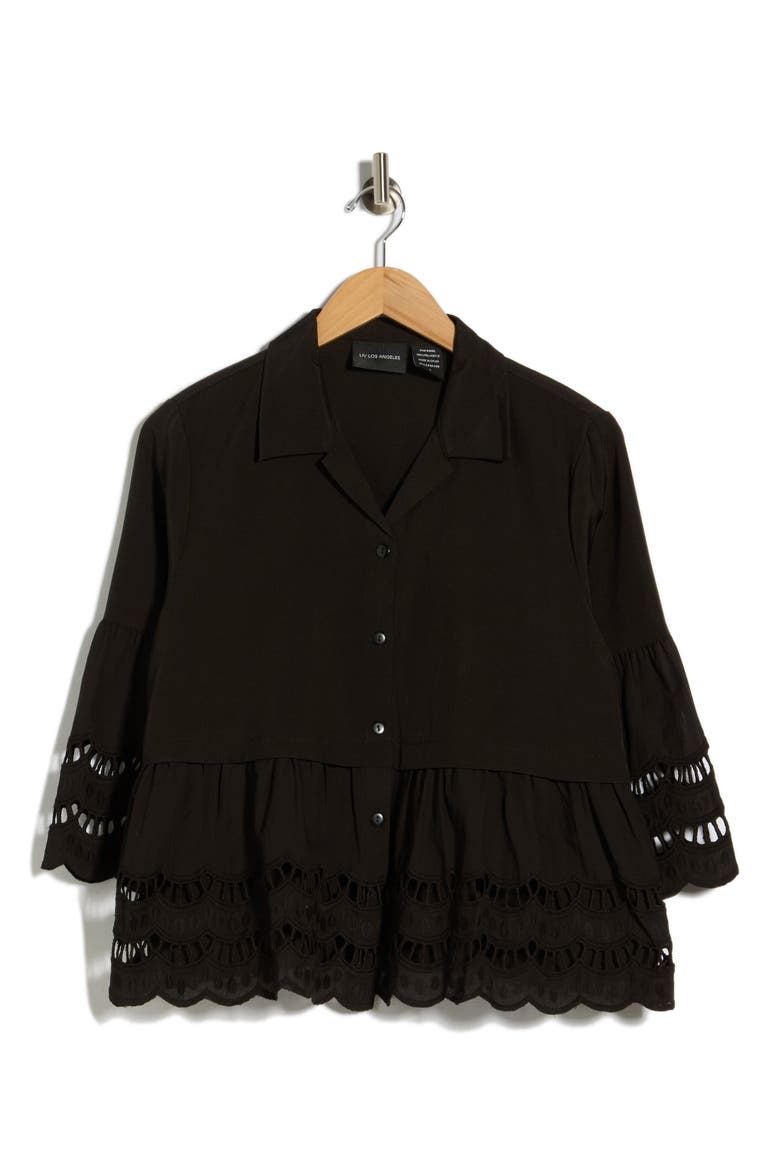 Crochet Hem Button-Up Shirt, Alternate, color, BLACK