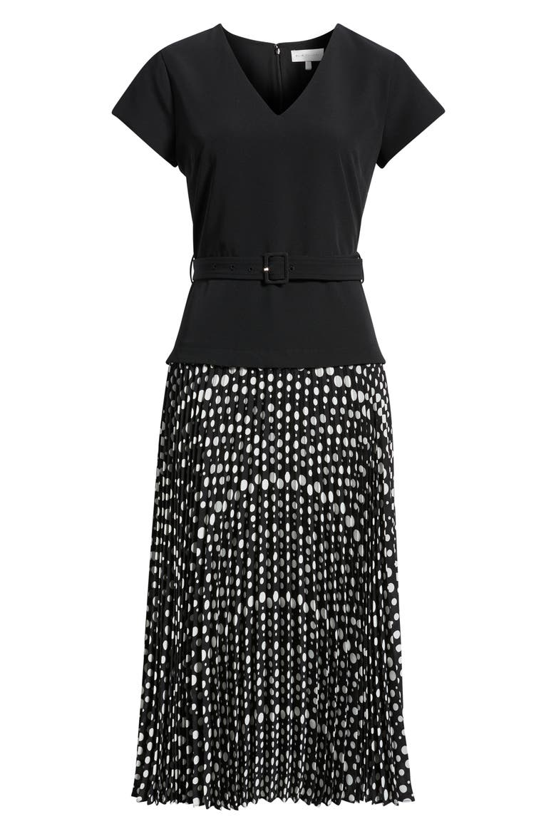 The Nina Belted Pleated Dress, Alternate, color, NOIR/ NOIR AND WHITE POLKA DOT