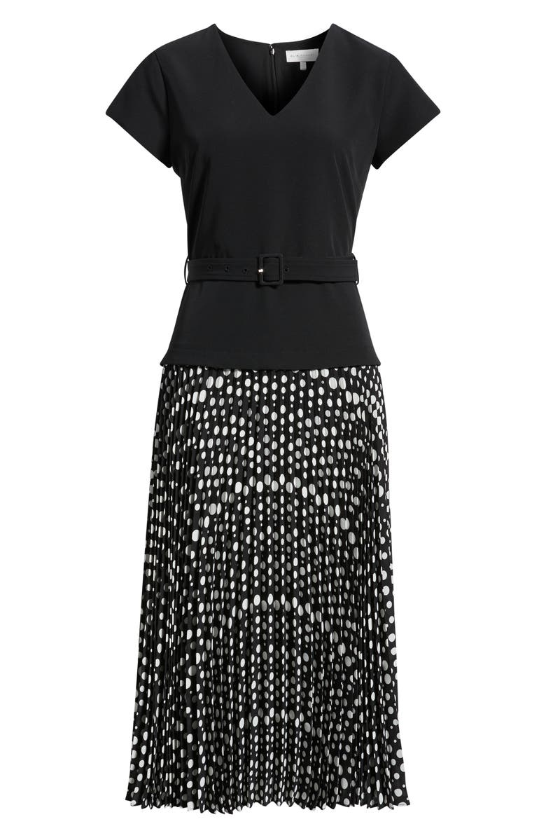 Elie Tahari The Nina Belted Pleated Dress, Alternate, color, Noir/ Noir And White Polka Dot