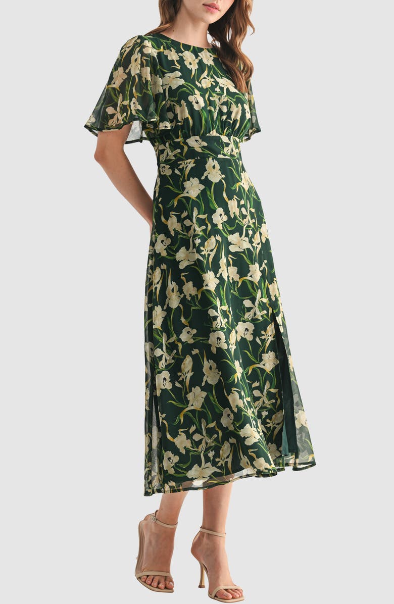 Lush Floral Short Sleeve Chiffon Midi Dress, Alternate, color, Green Floral