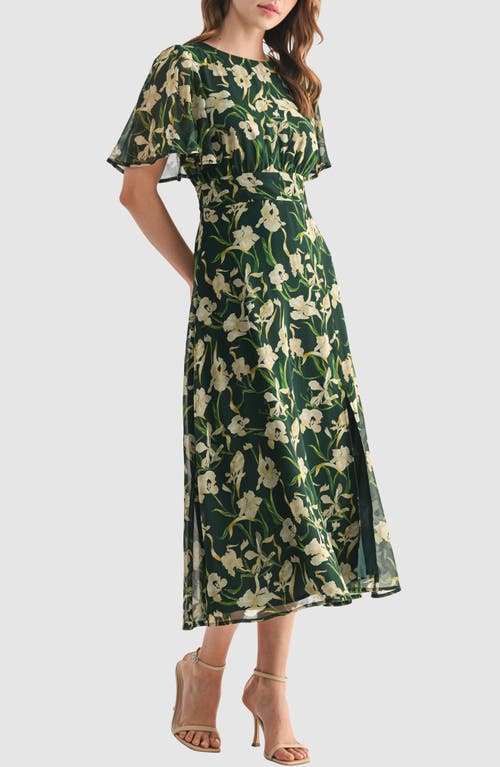 Lush Floral Short Sleeve Chiffon Midi Dress In Green