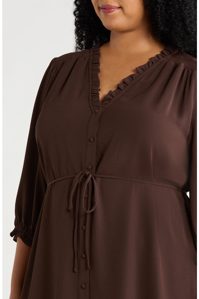 Ruffle Trim Button-Up Dress, Alternate, color, COFFEE BEAN