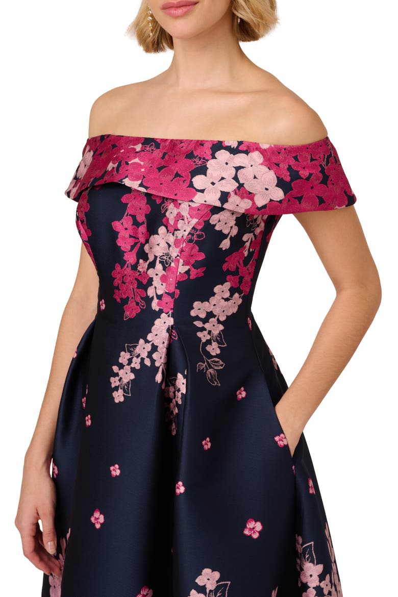 Floral Off the Shoulder Jacquard Gown, Alternate, color, NAVY/PINK MULTI