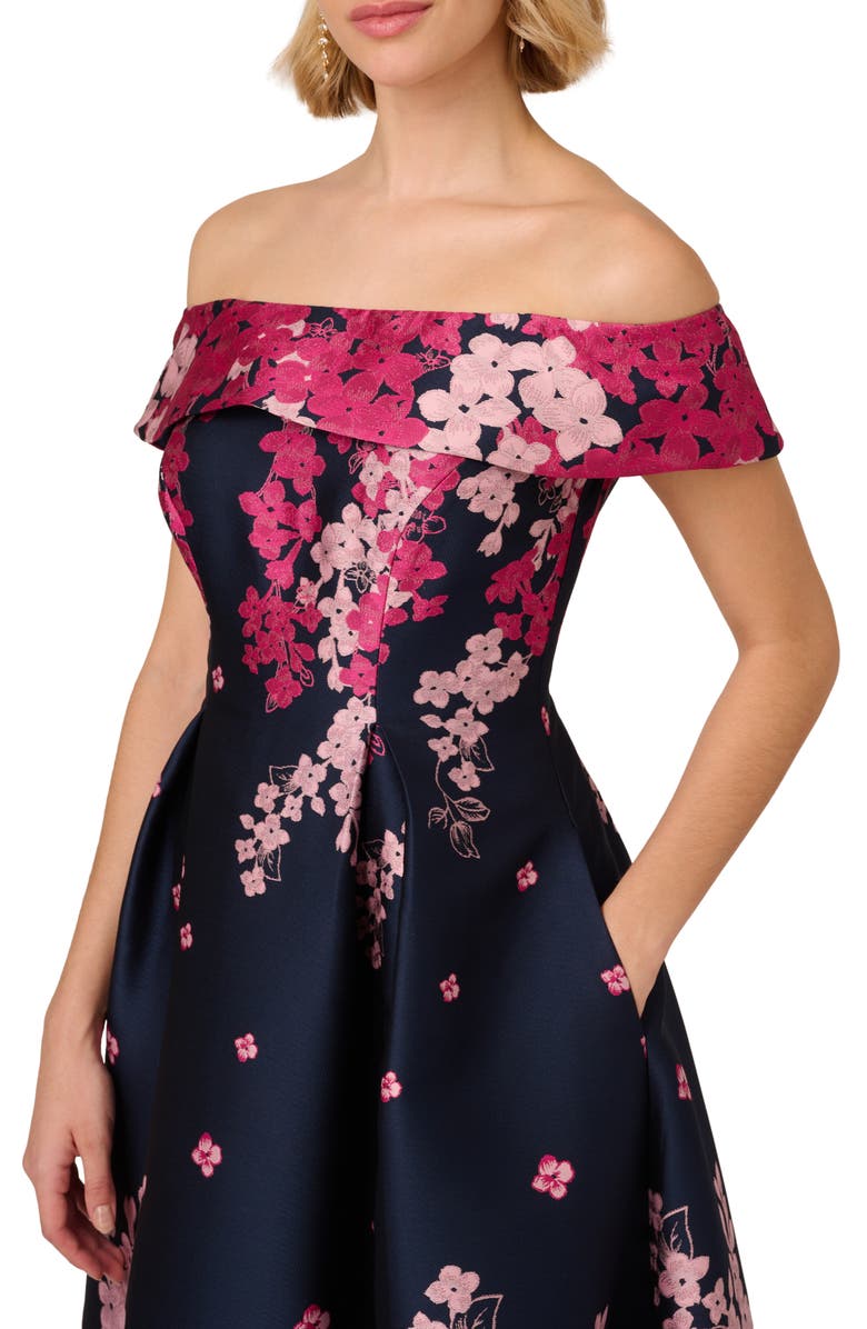 Adrianna Papell Floral Off the Shoulder Jacquard Gown, Alternate, color, Navy/Pink Multi