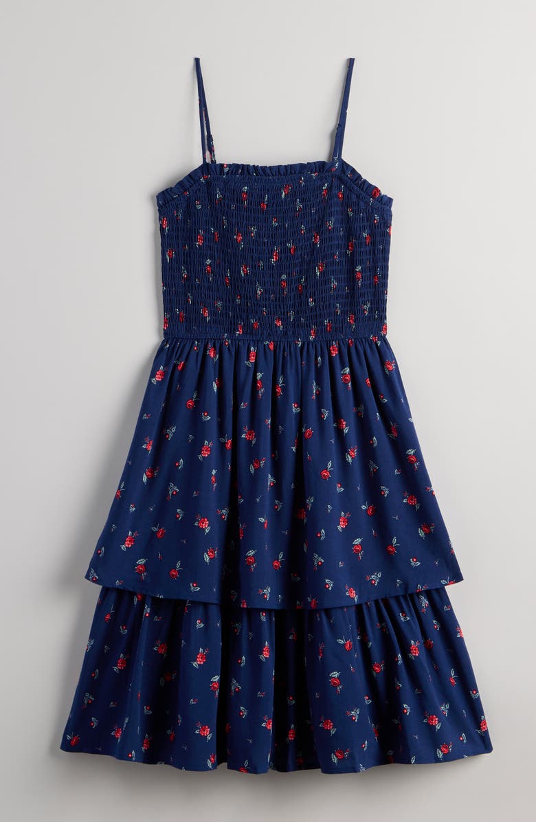 Nordstrom Kids' Floral Smocked Tiered Midi Dress, Main, color, Navy Medieval Rosebuds