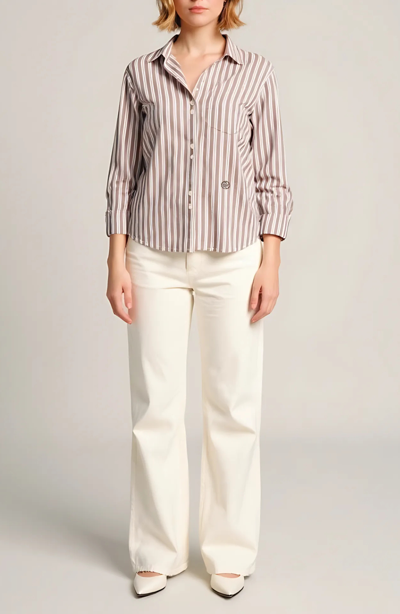 Nelle Atelier The Chacha Petite Button Down Shirt, Main, color, Chocolate Stripe