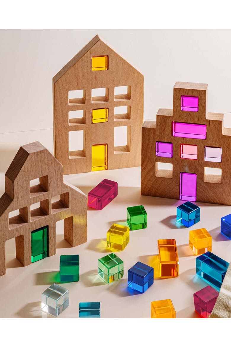 Riley City Wooden Building Blocks with Acrylic Gems, Alternate, color, Multicolor
