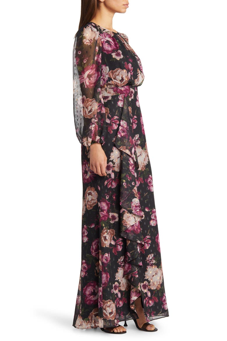 Floral Metallic Long Sleeve Maxi Dress, Alternate, color, BLACK