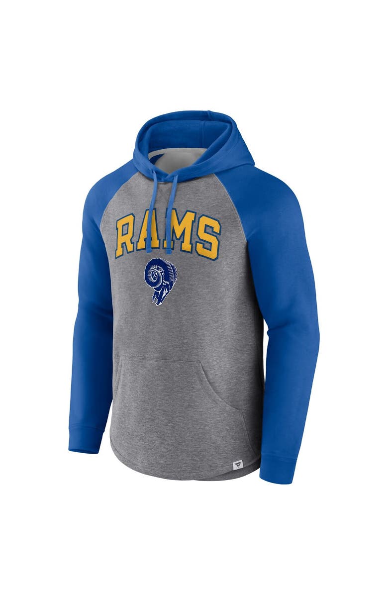 FANATICS Men's Fanatics Branded Heathered Gray/Royal Los Angeles Rams By Design Raglan Pullover Hoodie, Alternate, color, 