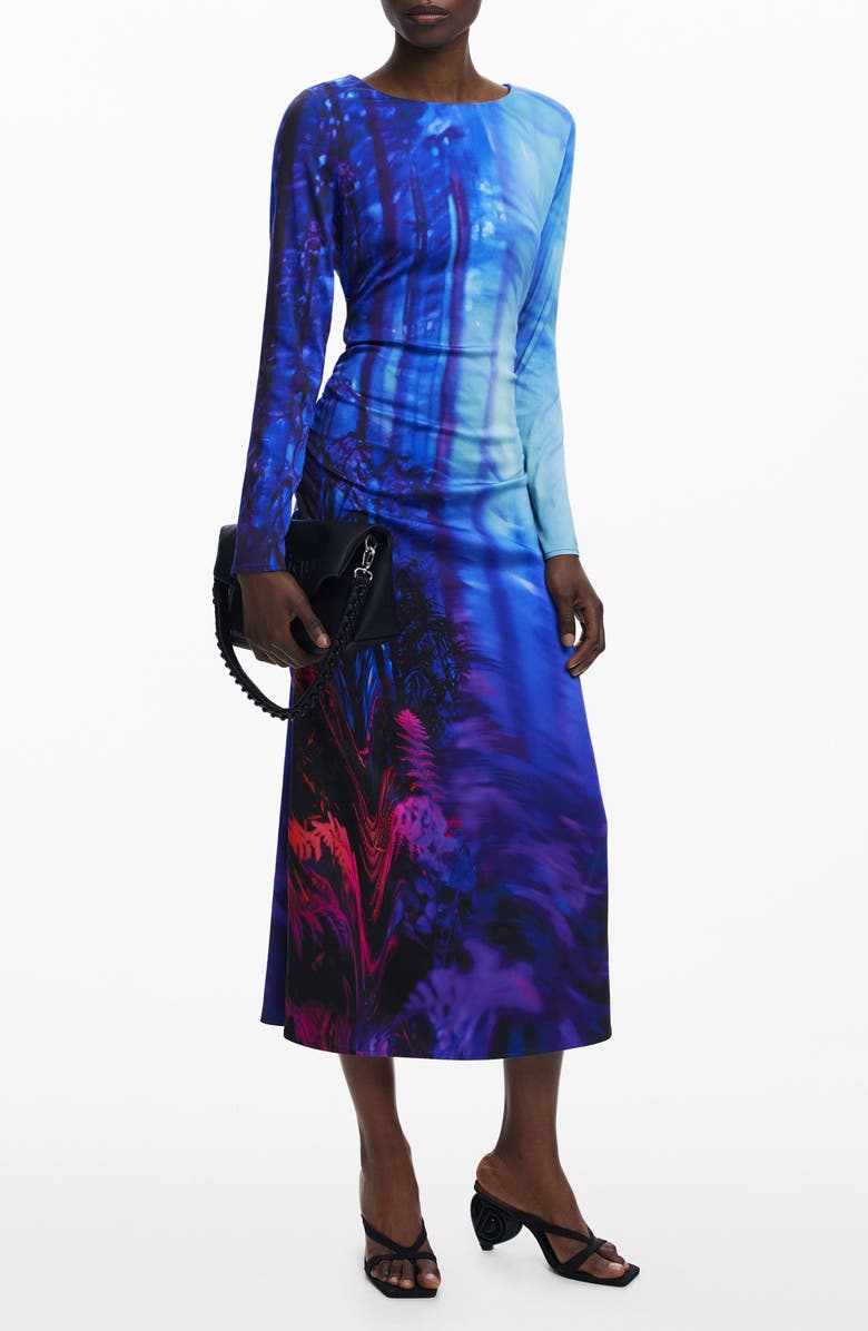 Desigual Tie Dye Pattern Long Sleeve Midi Dress, Main, color, Blue/ Lilac Multi