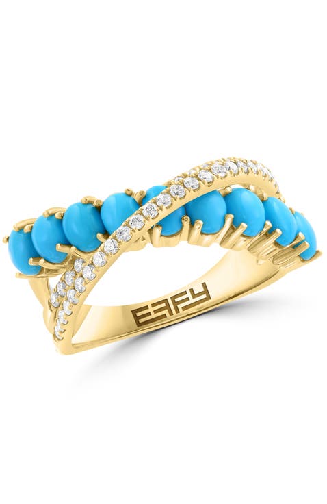 14K Yellow Gold Diamond & Turquoise Crossover Ring