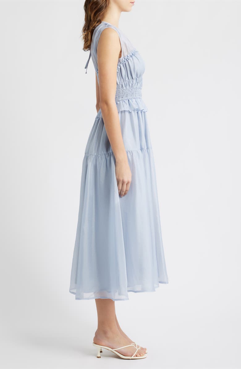 MOON RIVER Semi Sheer Yoke Gathered Peplum Midi Dress, Alternate, color, Dusty Blue