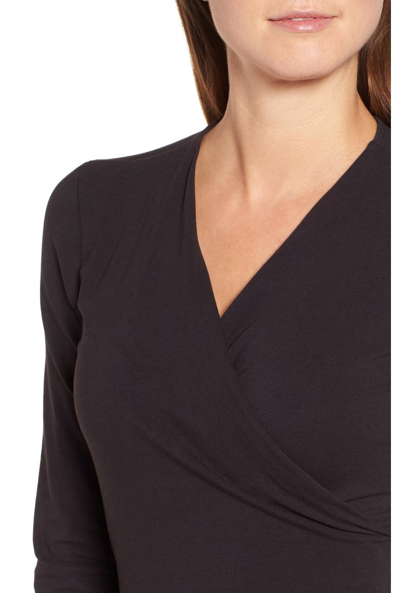Ruched Surplice Stretch Cotton Body-Con Dress, Alternate, color, BLACK