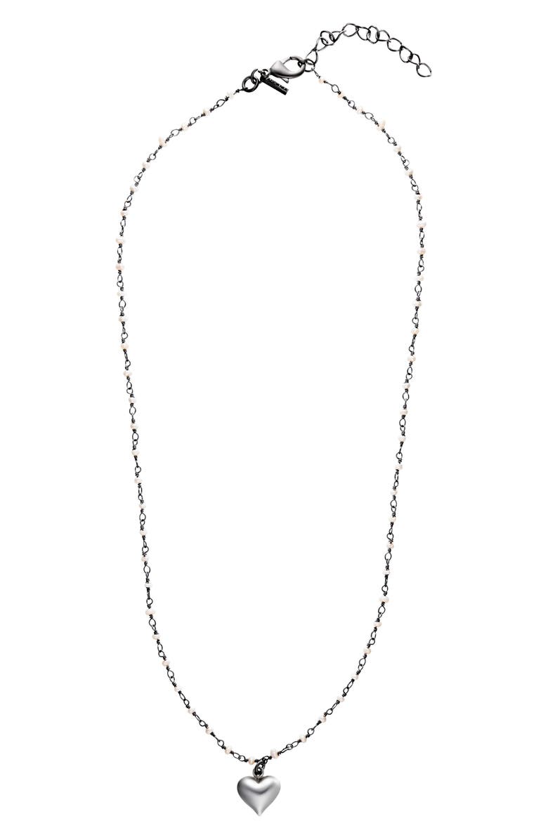 ADORNIA FINE Freshwater Pearl Rosary Puffy Heart Pendant Necklace, Alternate, color, Silver