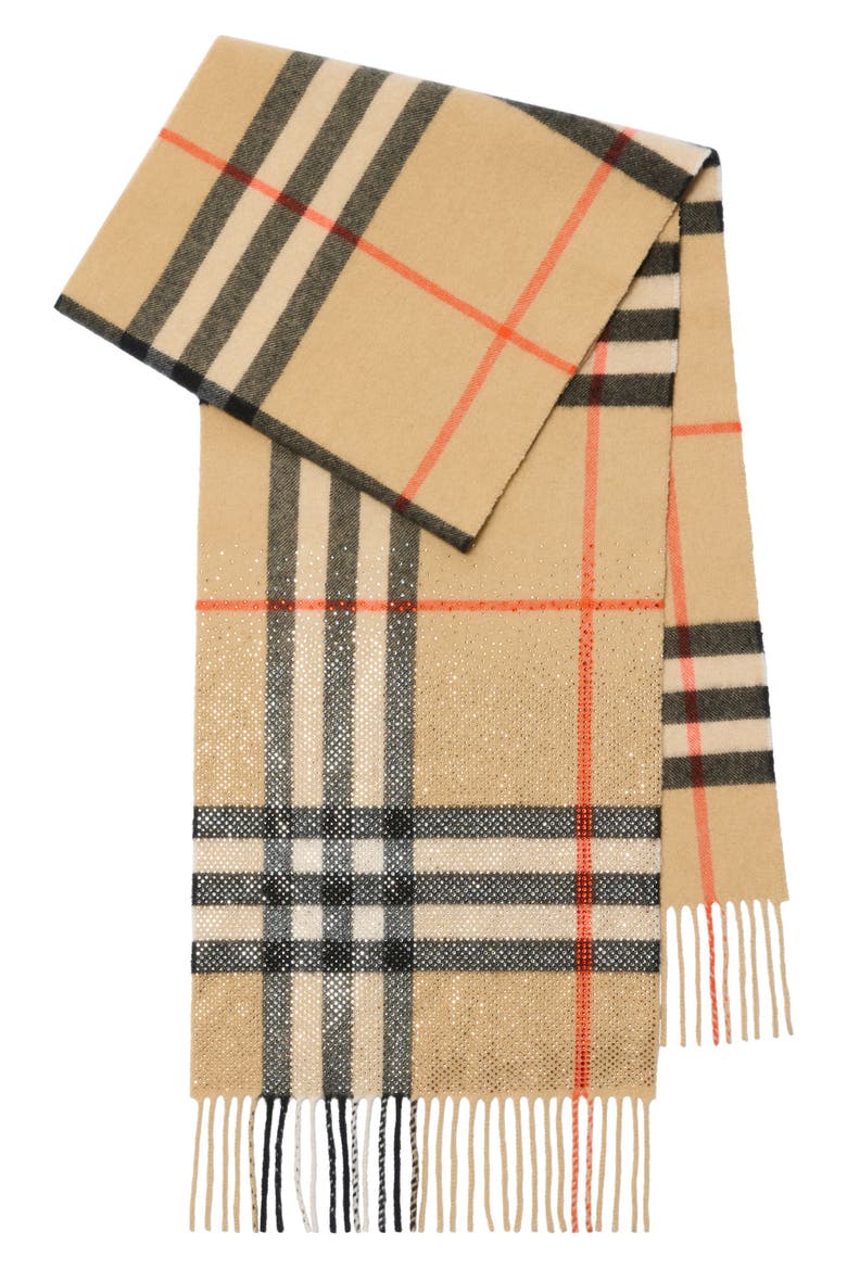 Crystal Embellished Check Cashmere Fringe Scarf, Alternate, color, SAND